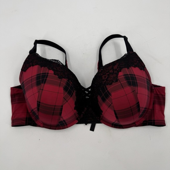 Torrid Curve XO Push Up Plunge Underwire Bra Epic Red Plaid Lace Size 44DD‎ - Picture 1 of 16